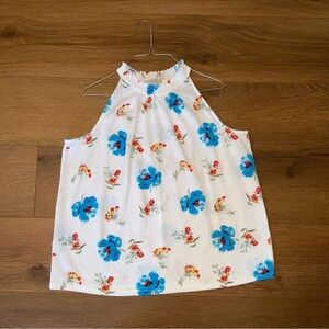LOFT White and Blue Sleeveless High Low Blouse